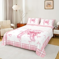 Feelyou Teens Ribbon Monogrammed Twin Sheet Sets, Pink Initial Letter K Twin Fitted Sheet, Cartoon Cute Plaid Flat Sheet, Lightweight Room Decor, 3 Pieces