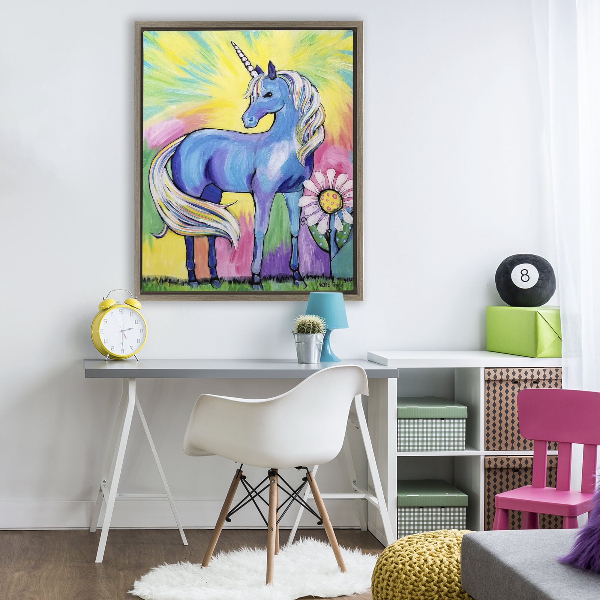 Stupell Industries Magical Unicorn in Rainbow Meadow Brown Framed Floater Canvas Wall Art, design by Nettie Price