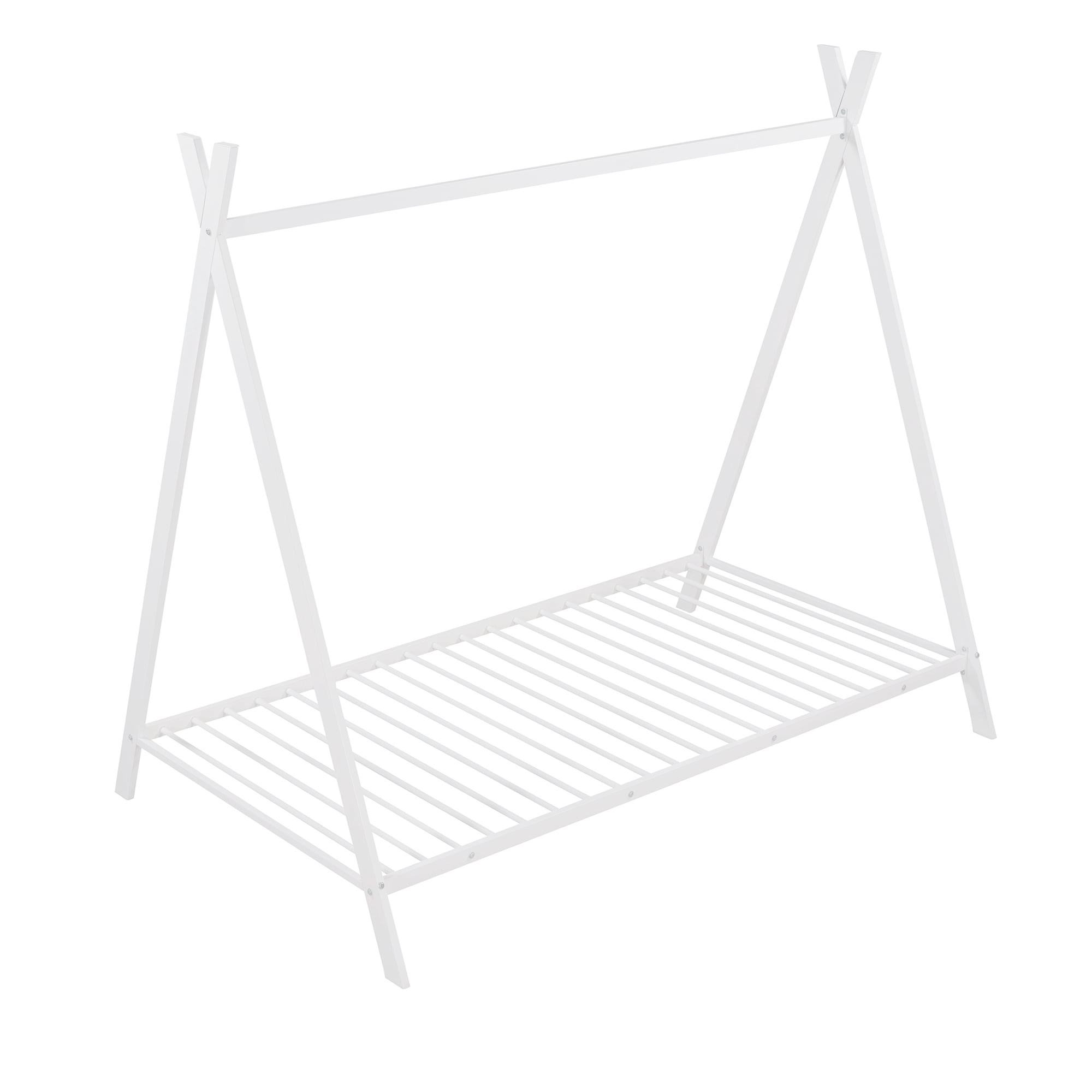 Gewnee Twin Size Metal Tent Bed Floor House Bed with with x-Shaped Frame for Kids,White
