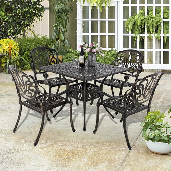 SOCIALCOMFY 5-Piece Outdoor Patio Dining Set, All-Weather Cast Aluminum Patio Table Set, Include 4 Chairs and a 35.4 inch Square Table w/Umbrella Hole for Balcony Garden Backyard
