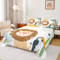 Feelyou Kawai Cartoon Lion Full Size Sheets for Boy, Cartoon Parrot Animal Bed Sheets, Palm Botanical Sheet Sets, Microfiber Bedroom Decor, 4 Pieces