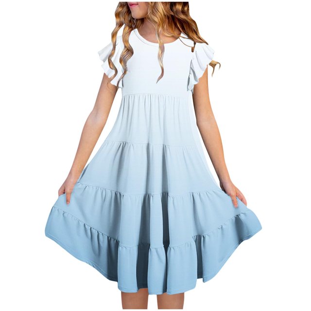 RXIRUCGD 2025 Vêtements d'Été pour Enfants Mode Filles Nouvelle Robe d'Été à Manches Courtes Poches à Volants Col Rond Imprimé