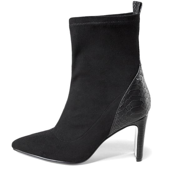 hopeusnice Women's Suede Ankle Boots Pointed Toe High Heel Pull On Booties Snake Print Back Sock Boots Comfortable Party Shoes Dress Boots Black 35