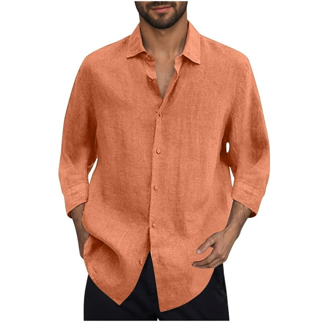 Chemise Homme Manches 3/4 Couleur Unie Boutonnée Légère devant Plat Décontractée Blouse Orange