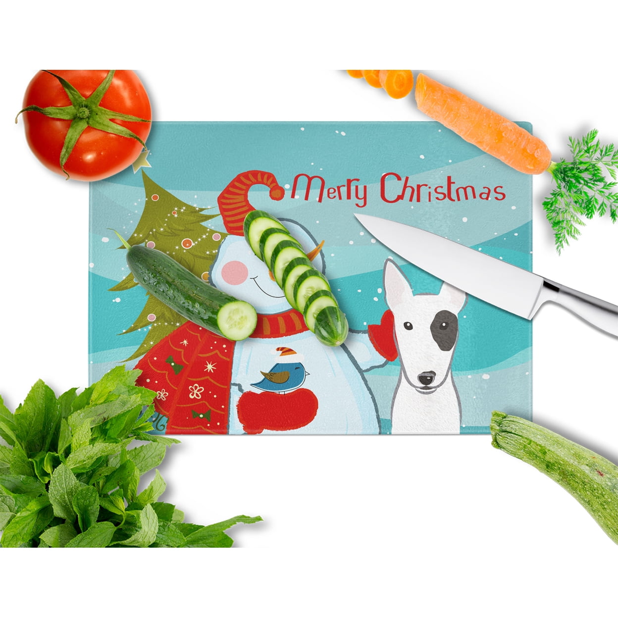 Carolines Treasures Snowman with Bull Terrier Glass Cutting Board Large 12H x 16W multicolor