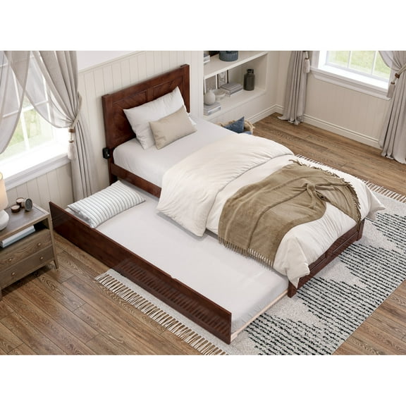 Rustic Twin XL Bed with Trundle & Footboard - Platform Bed Frame, Walnut Finish