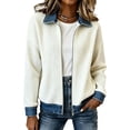thumbnail image 2 of JULMCOMO Ribbed Knit Jacket for Women Collared Denim Contrast Zip Up Jacket Spliced Jean Trim Long Sleeve Casual Cardigan White XL, 2 of 5