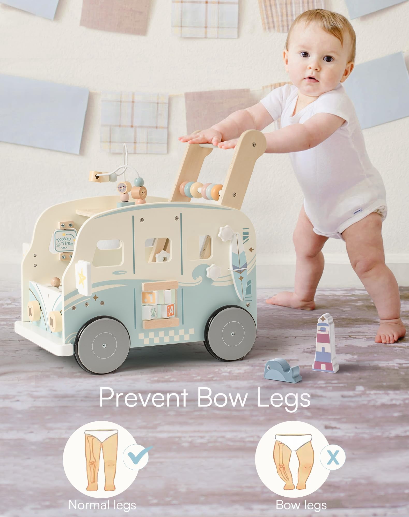 Robud Baby Push Walker Wooden Furniture Multi-Functional Toy Vacaction Bus for Boys Girls Kids Gift,Blue