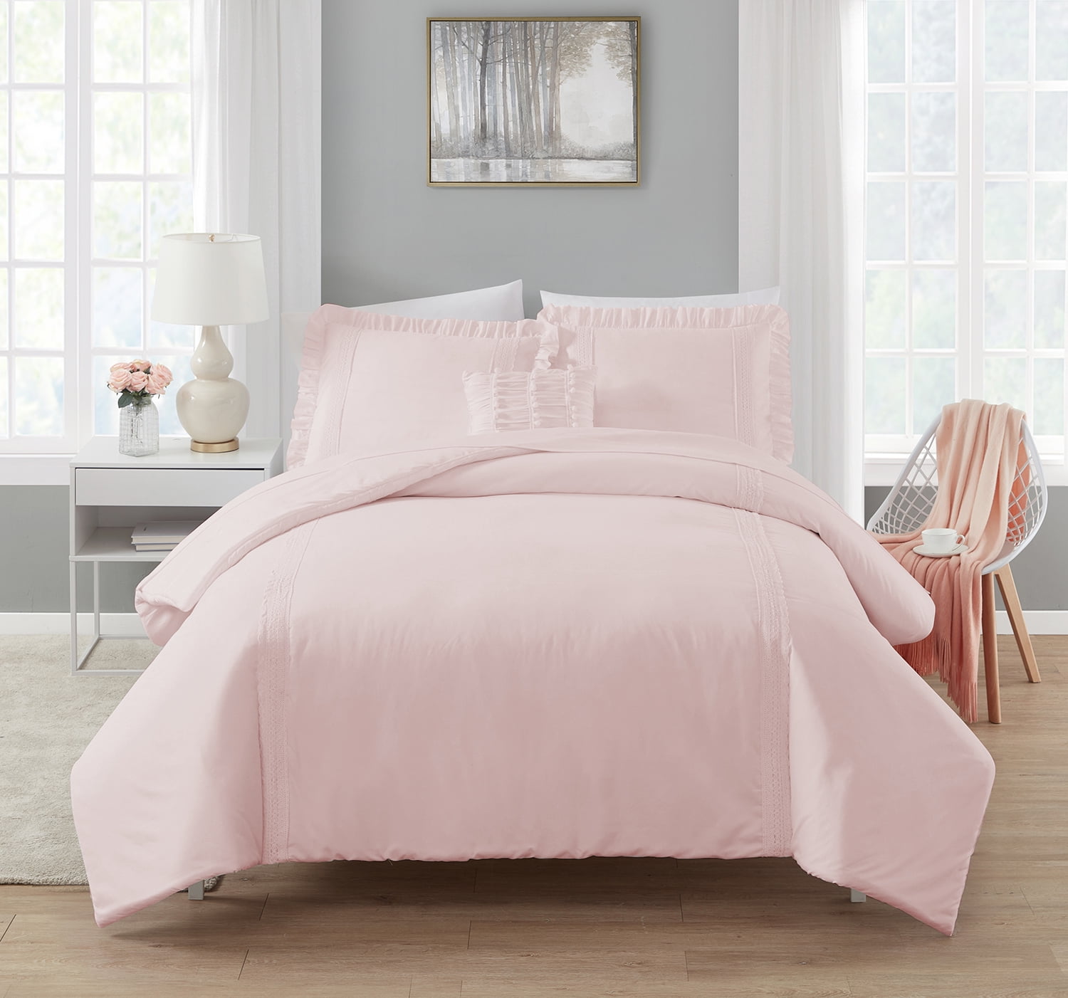 Simply Shabby Chic Pink Crochet Stripe 4 Piece Washed Microfiber Comforter Set Full Queen