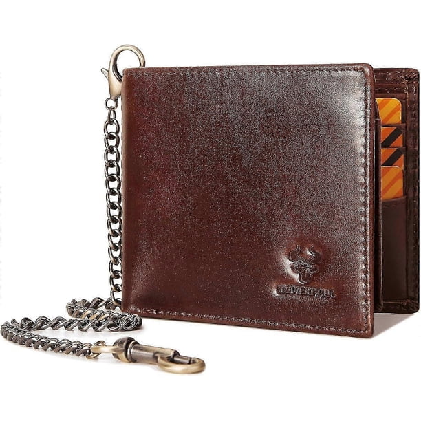 Mens Wallet With Chain Genuine Leather Purse Rfid Blocking Bifold Wallet With Id Window Card Slots, Black