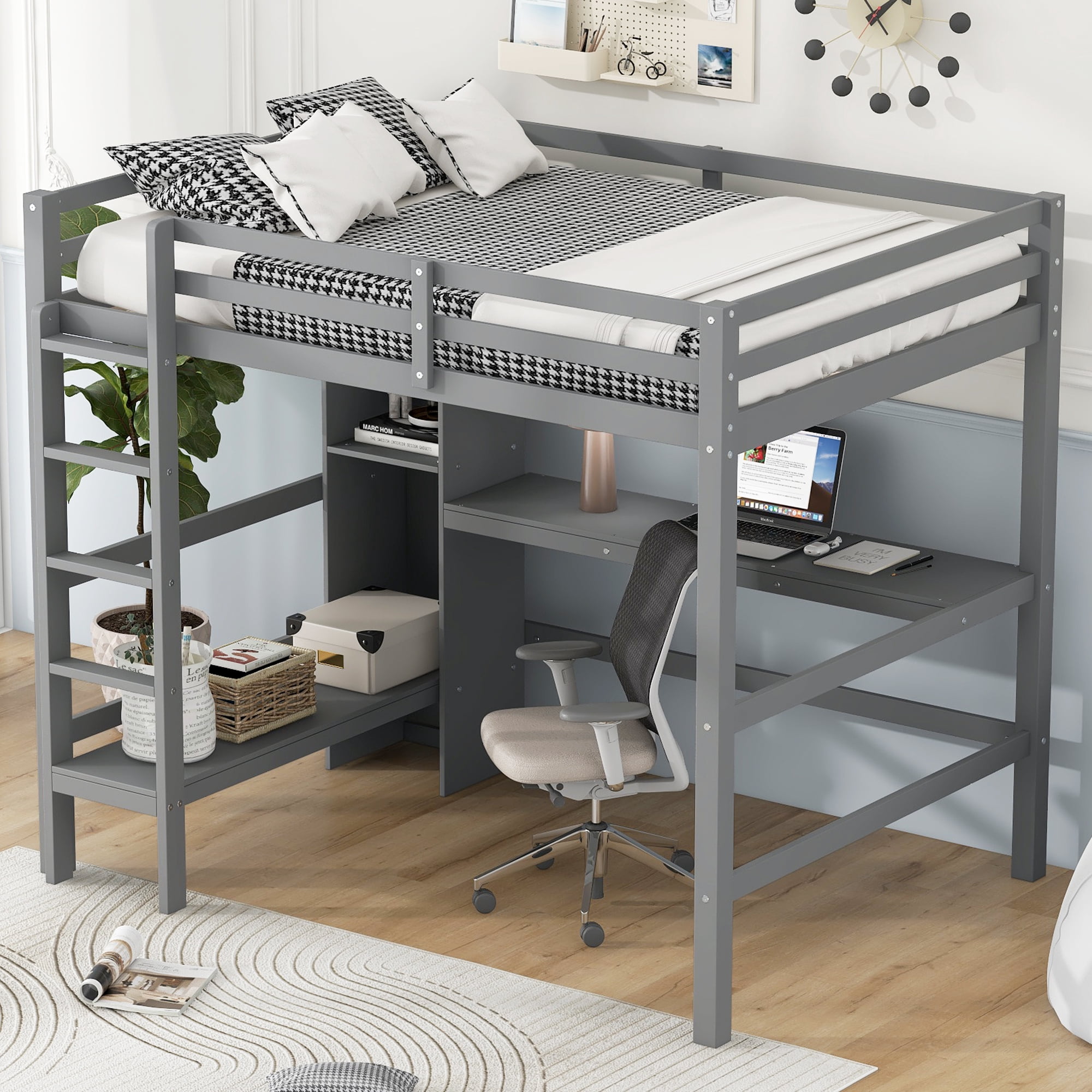 Euroco Full Size Loft Bed with Desk, Shelves and Cabinet for Kids Teens Room, Solid Wood Bed, Gray
