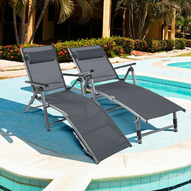 Costway Lot de 2 Chaises Longues Pliantes de Patio en Aluminium, Dossier Réglable, Accoudoirs, Appuie-Tête
