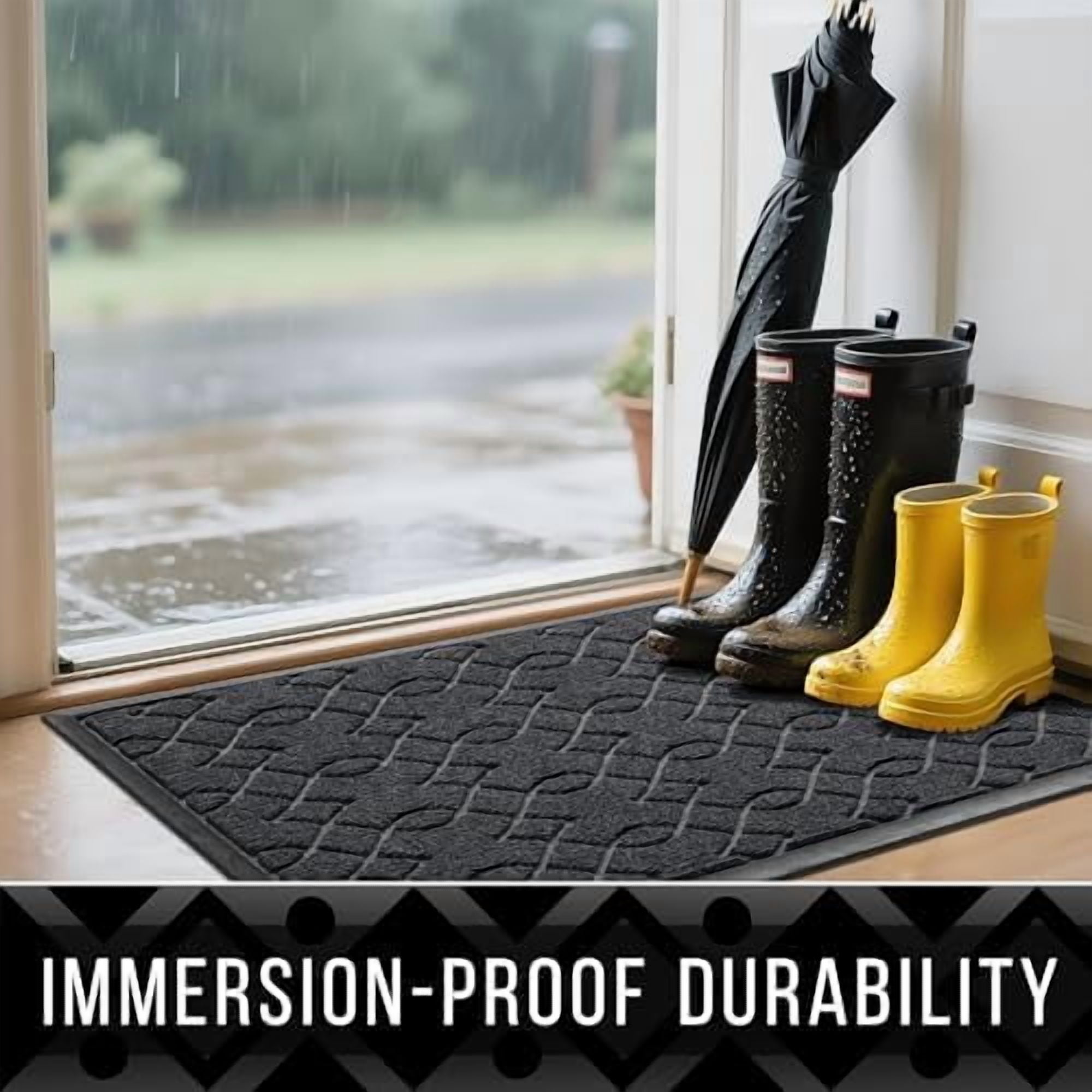 Large Door Mat 47x24, All-Season Waterproof Doormat Outdoor Entrance, Heavy Duty Non-Slip Outside Door Mat for Garage Patio Proch Entryway Indoor, Easy Clean, Black Gray