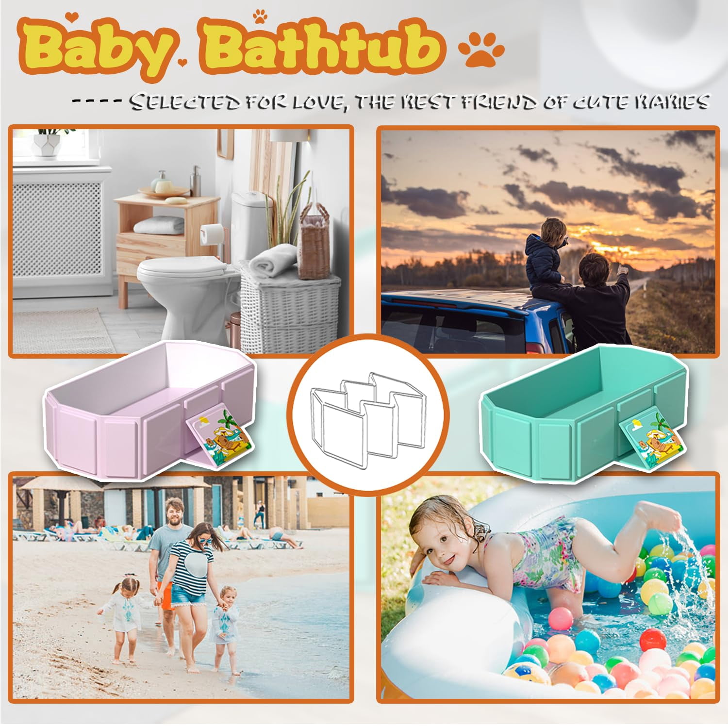 Baby Foldable Children's Bathtub, Portable Non-Slip Shower Tray for Kids, Toddler Bath Tub with Drain Plug, Boys and Girls Bathroom Water Pool, Cat and Dog Pet Wash Shower Basin (Pink)