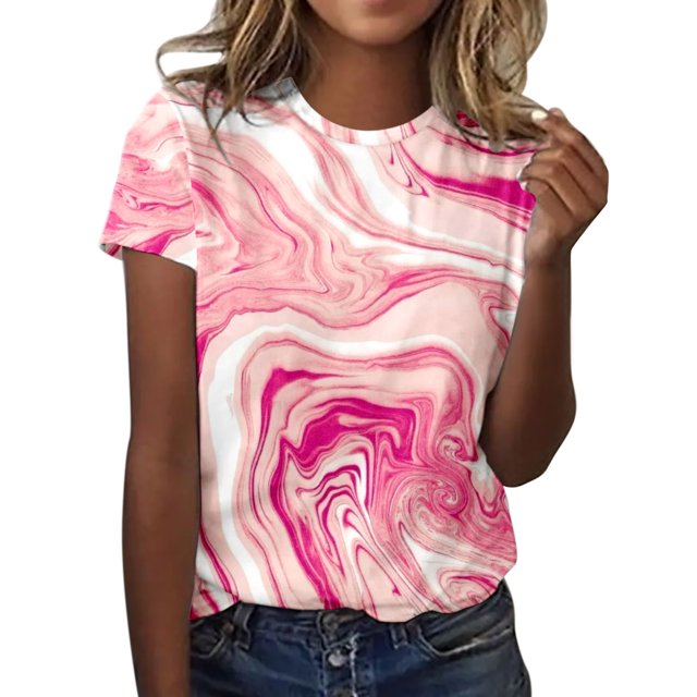 Blouses Roses pour Femmes Habillées Décontractées, Hauts en Polyester pour Femmes Décontractés, T-Shirts Ajustés pour Femmes, T-Shirt à Manches Courtes Imprimé Fleuri Printemps Été pour Femmes