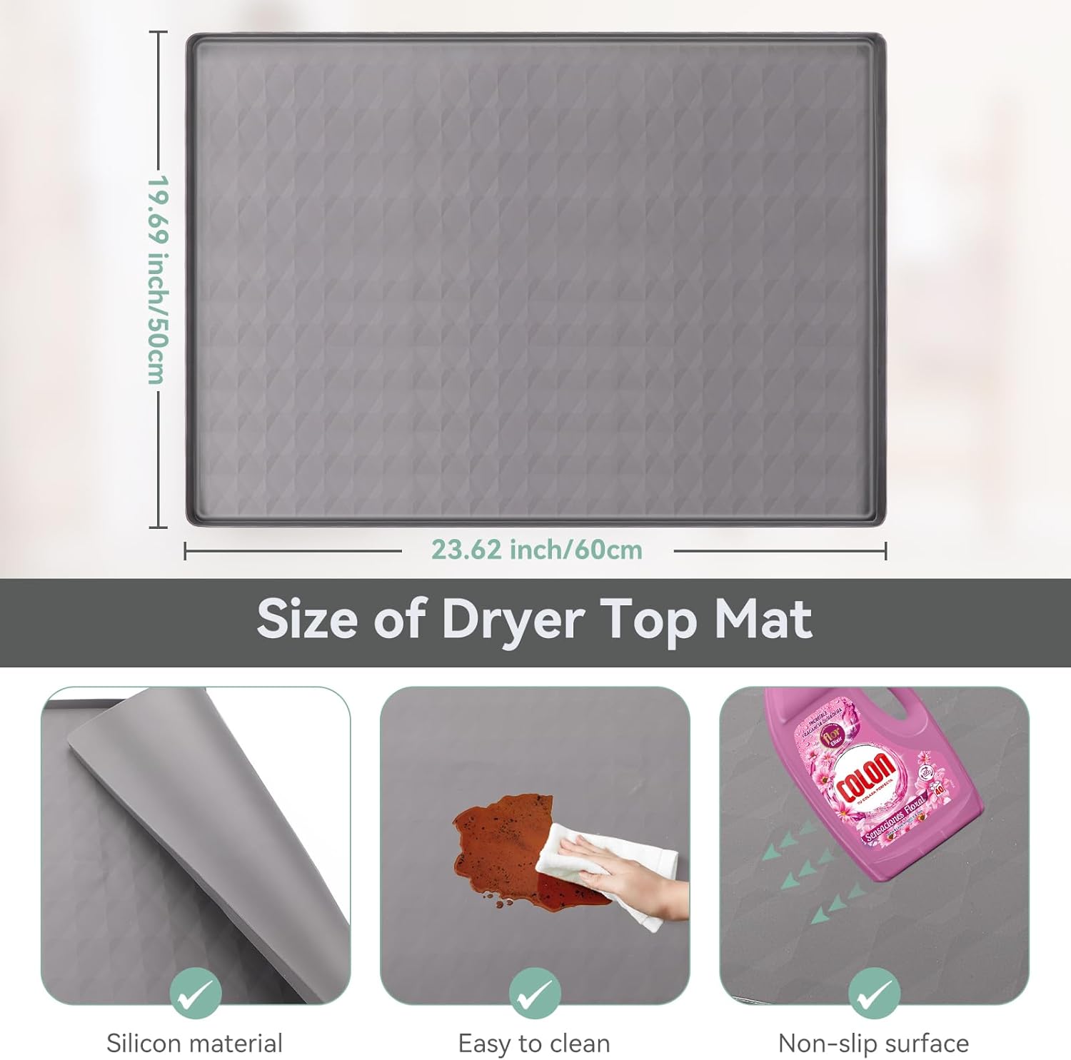 2-Pack Silicone Washer & Dryer Top Covers, 23.6"x23.6", Non-Slip Waterproof Washable Top Protector Mats for Laundry & Kitchen (Gray)