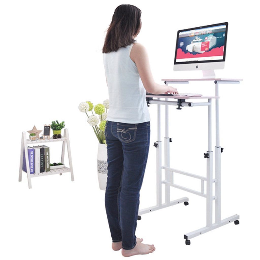 Qwork Wheel Mobile Stand Up Computer Desk Height Adjustable Cart Tilting Table With Dual Surface Sit Stand Desk Home Office Computer Workstation Ergonomic Desk Ancient Oak Walmart Com Walmart Com