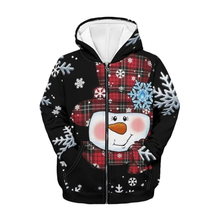 FKELYI Christmas Snowman Zipper Hoodie Soft Red Black Checkered