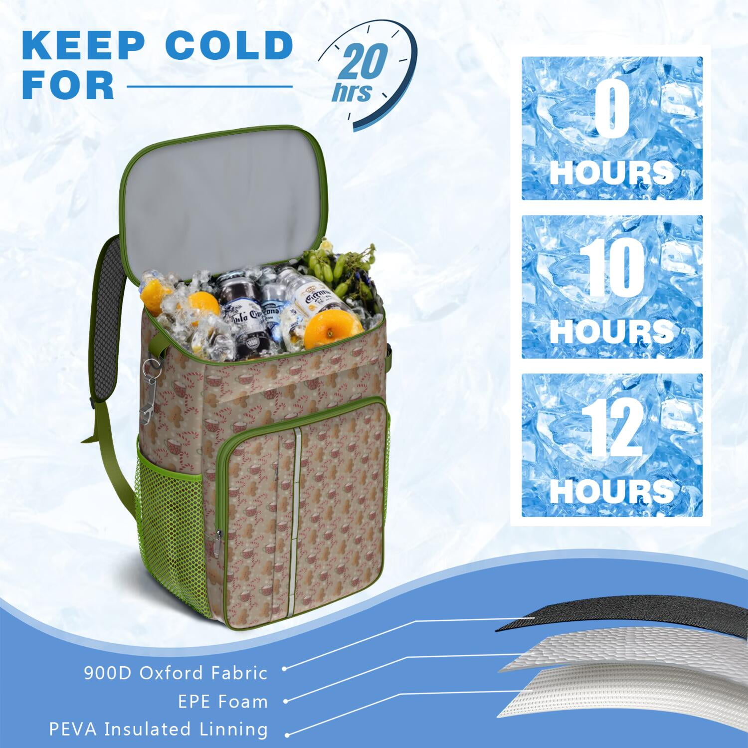 Travel Cooler Bag - Brown Christmas Gingerbread and Drink Pattern Camping Beer Cooler Backpack with Bottle Opener- Waterproof Insulated Picnic Backpacks - Cooler Bag for Beach