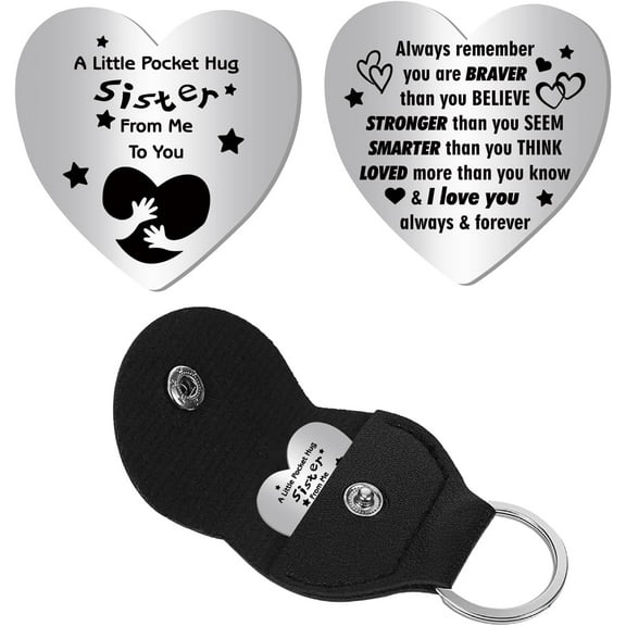Pocket Hug Token Long Distance Relationship Keepsake Token Stainless Steel Double Sided Engraved Memorial Inspirational Pocket Token with Leather Keyring for Sisters 1 x 1Inch Heart-Shaped Gray
