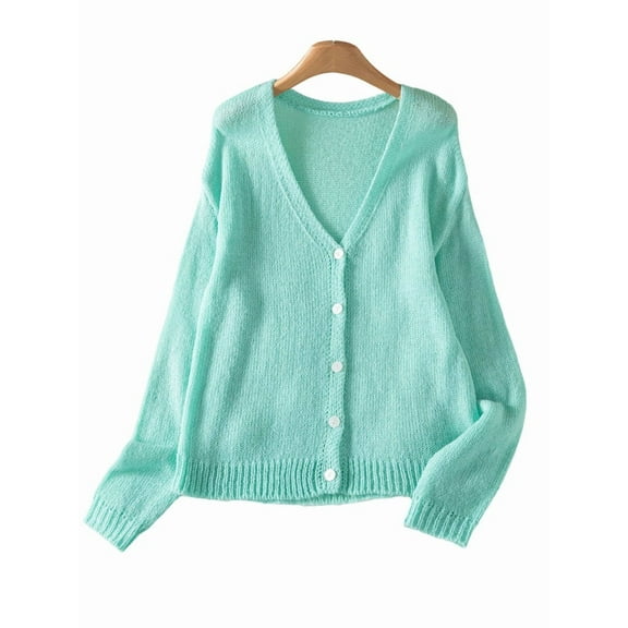 Women'S Casual V-Neck Long-Sleeved Cardigan Autumn and Winter Solid Color Button Knitted Sweater Jacket Light Blue S