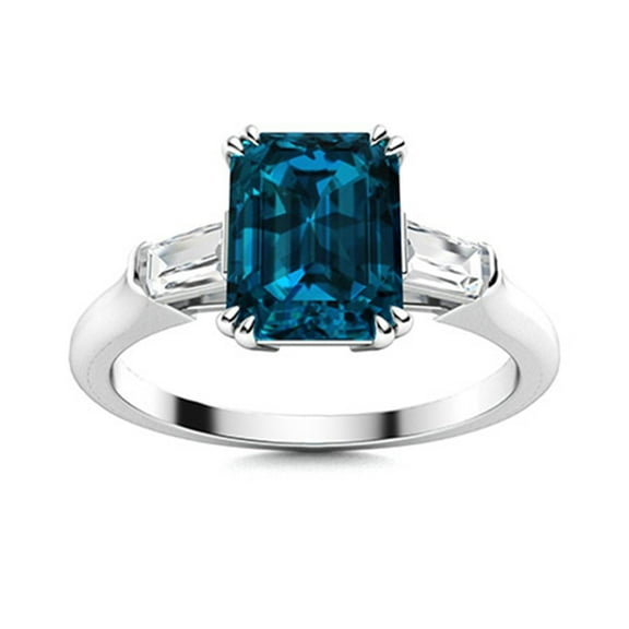 7X5 MM Radiant Cut London Blue Topaz Side Stone Baguette 925 Sterling Silver Ring