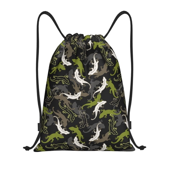 Drawstring Backpack - Cartoon Cute Lizard Gecko Green Splash Proof Small Drawstring Gym Bag for Women Men, Cinch Sports String Bag Backpack for Travel Swimming Beach