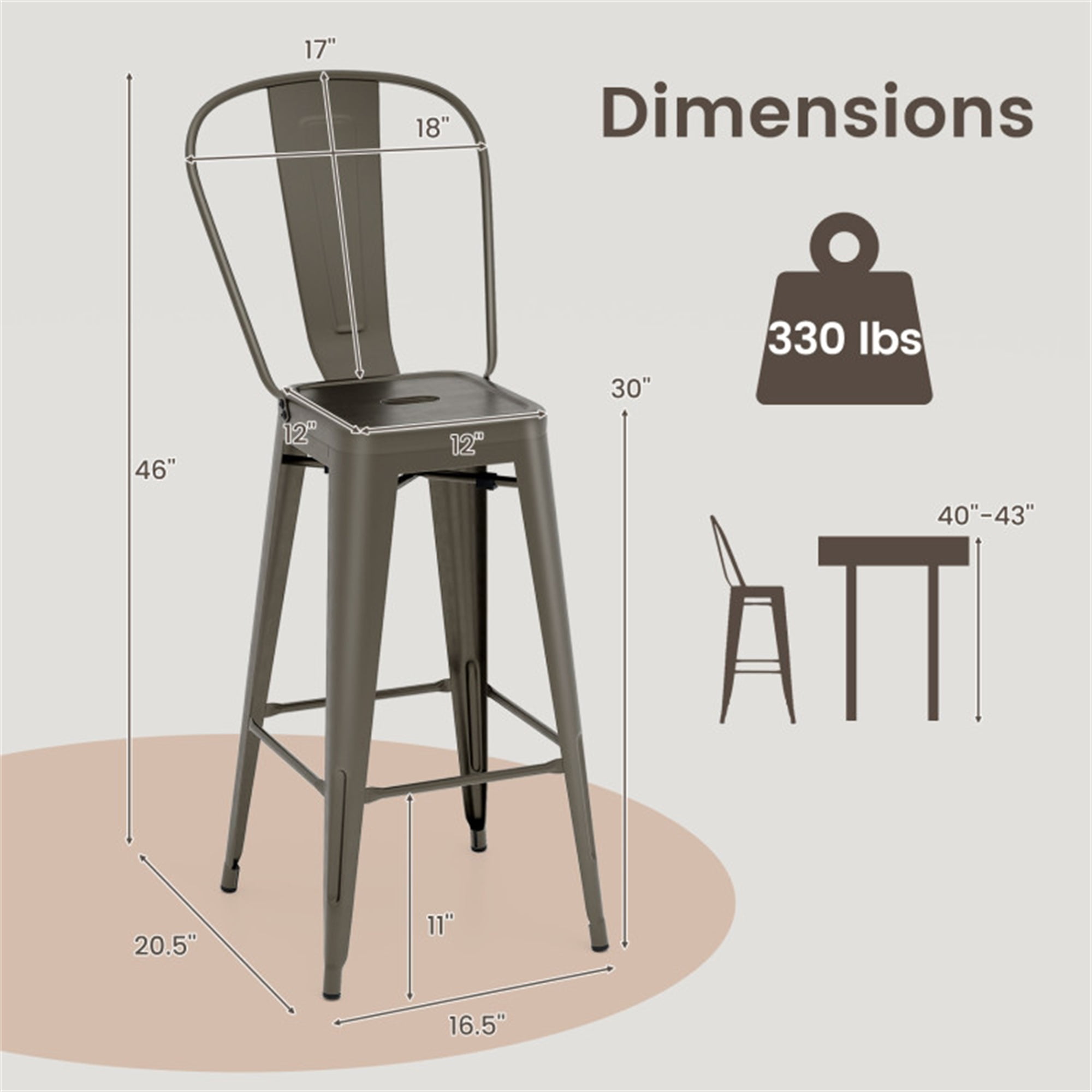 Demi Bonn 30" Height Set of 4 High Back Metaldustrial Bar Stools, Modern Dining Chair with Backrests, Brown