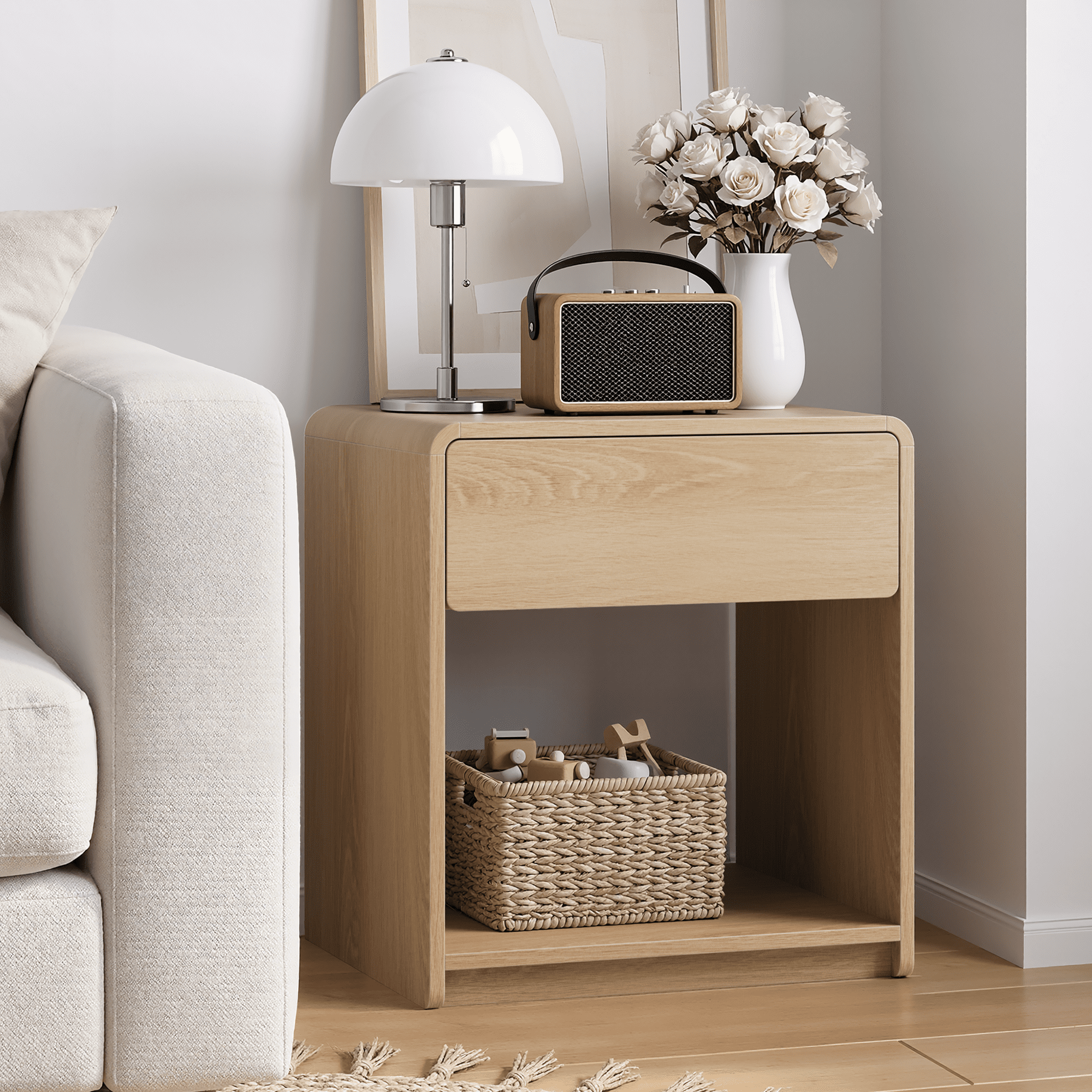 2 Pieces Bedside Table Set, With Storage Drawers And Open Shelves, Bedroom Side Table With Rounded Corners, Compact Bedside Table Set, Oak Color