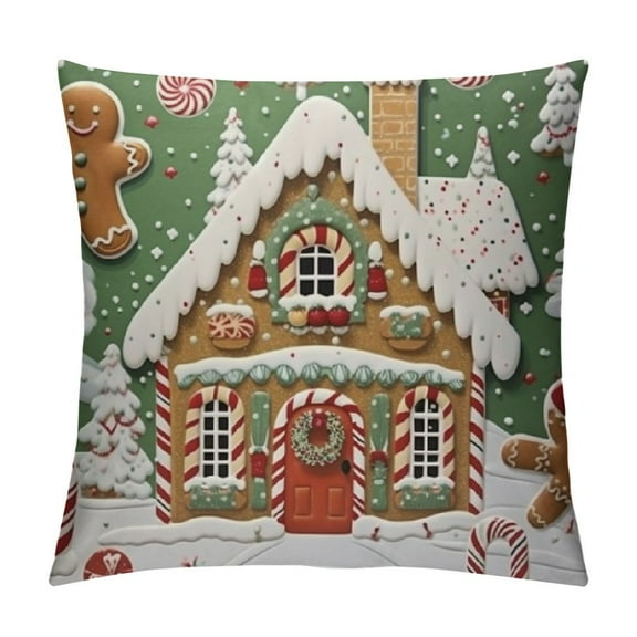 ARISTURING Christmas Gingerbread House Pillowcase Set of Snowflakes Gingerbread Man Christmas Tree Deer Funny Green Soft Cozy Square Living Room Bedroom Dorm Washable Throw Pillow Covers