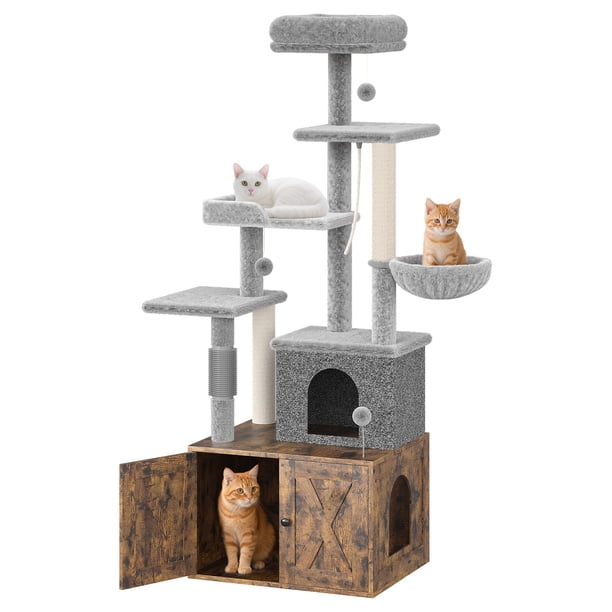 Yeshouse Árbol para gatos 2 en 1 con caja de arena oculta, torre para gatos de varios niveles con poste rascador y bolas colgantes, hamaca espaciosa y condominio interior para gatos
