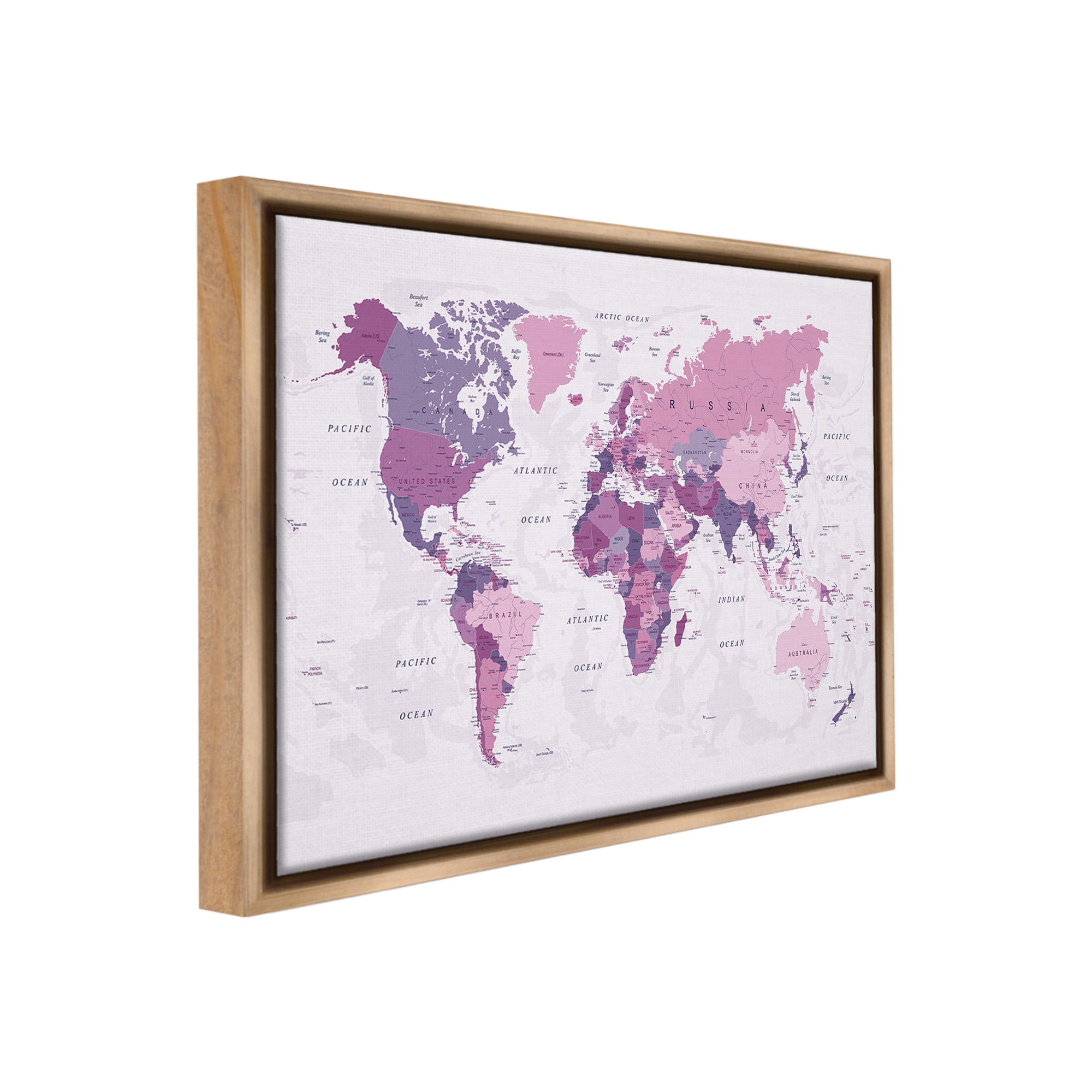 Stupell Industries Detailed Pink World Map Town & City Painting Brown Floater Framed Canvas Art Print Wall Art, 21 x 17
