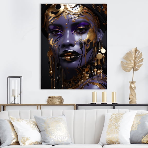 Designart "Elegance of African Woman in Purple & Gold IV" Fashion Canvas Wall Art - Glam Purple Woman African American Hallway Wall Art Decor