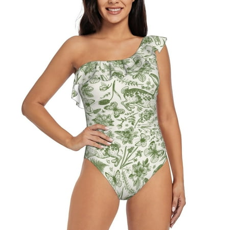 Gukieu Green Rabbit Print One-shoulder Ruffled One-piece Swimsuit with Removable Chest Pads and Tummy-control Swimsuit for Women-Medium