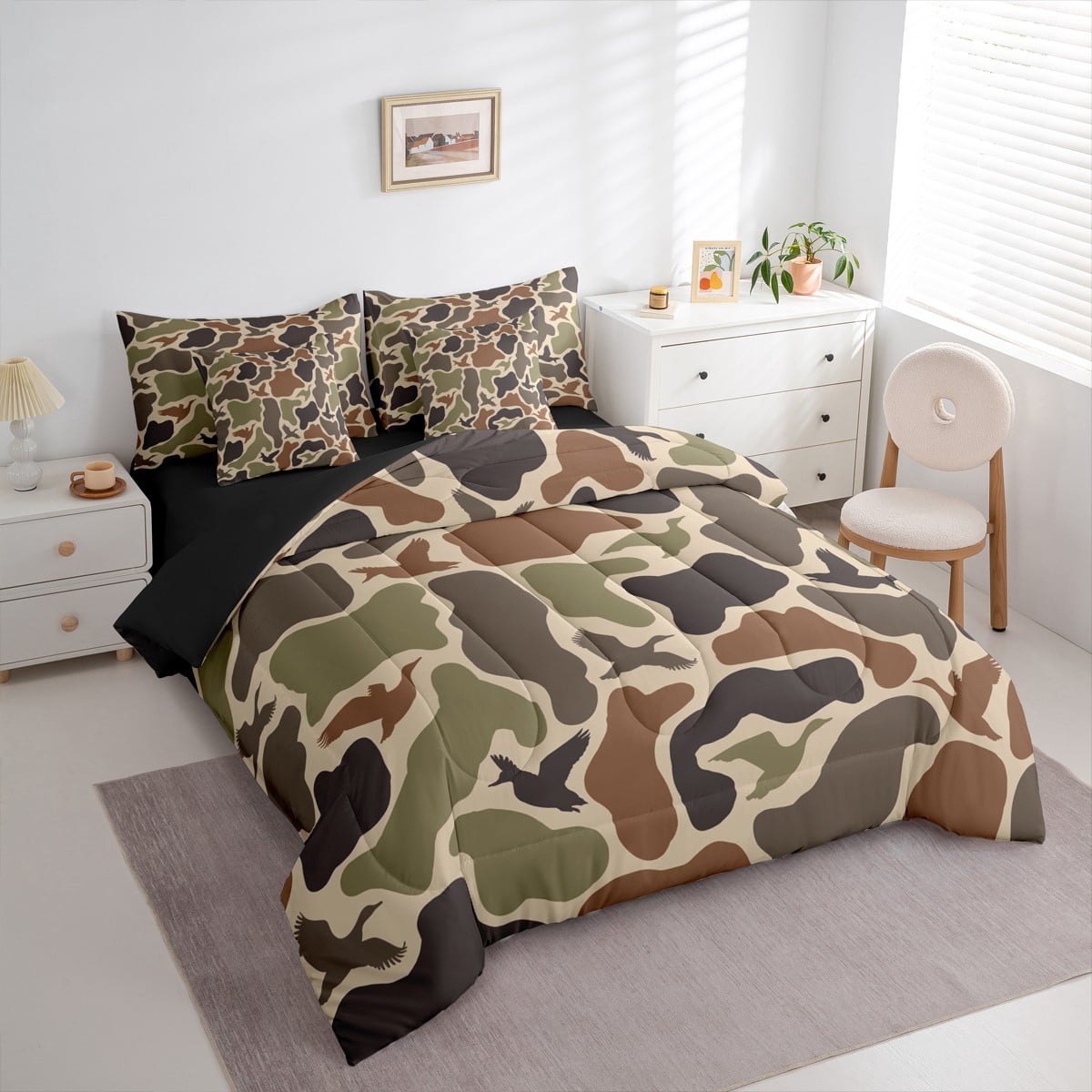 Manfei Mallard Duck 7pcs Bedding Comforter Set,Rustic Camouflage Queen Bedding Sets Super Cozy,Abstract Vintage Queen Sheet Sets,Breathable Animal Home Decor,Reversible