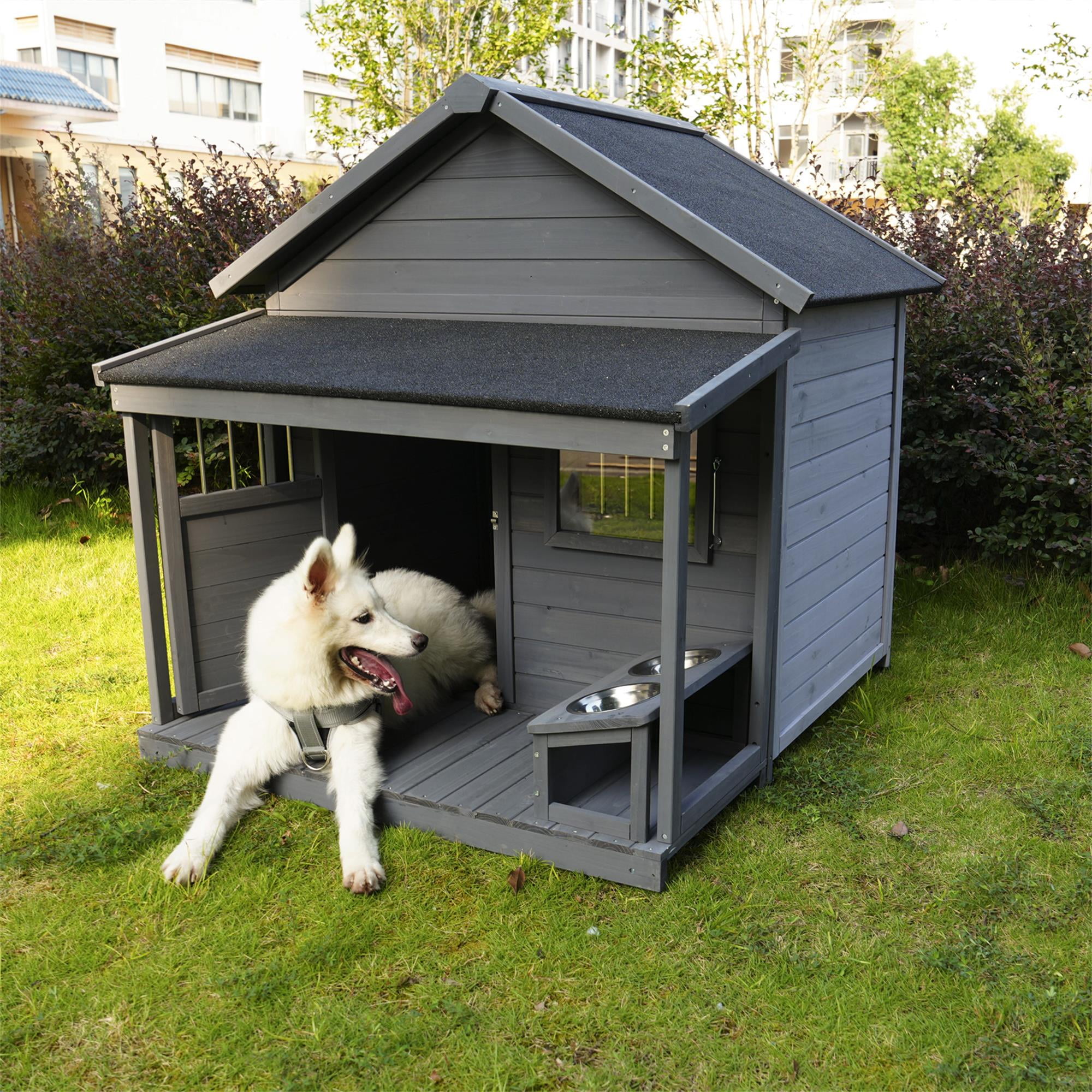 Pefilos 44" Wooden Dog House Outdoor Large Dog Kennel Weatherproof with Small Doors that Can Be Locked, Terrace for Small to Medium Dogs, Gray Pefilos 44" Wooden Dog House Outdoor Large Dog Kennel Weatherproof with Small Doors that Can Be Locked, Terrace for Small to Medium Dogs, Gray