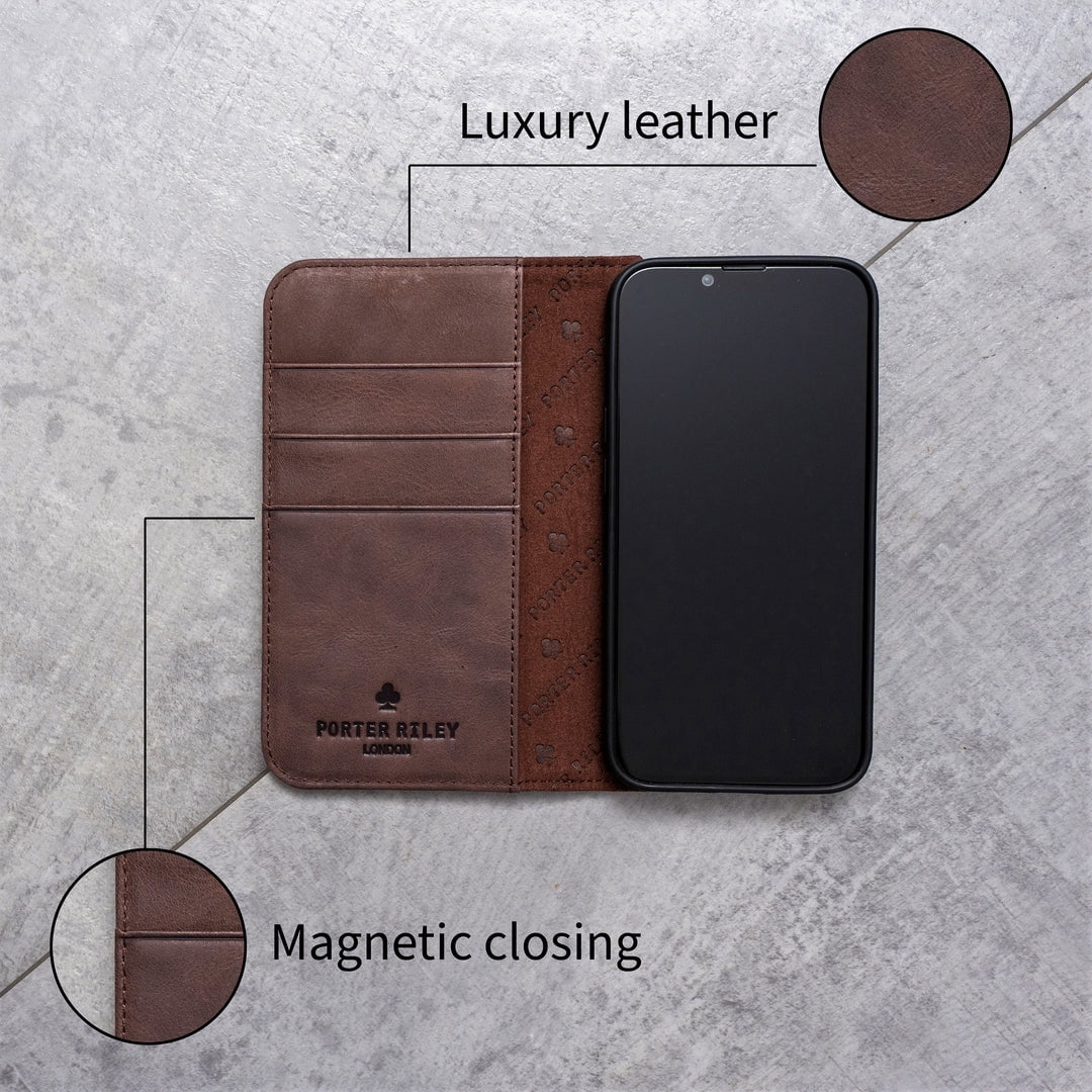 PORTER RILEY - Leather Case for iPhone 12 / iPhone 12 Pro (6.1"). Premium Genuine Leather Stand/Cover/Wallet/Flip Case
