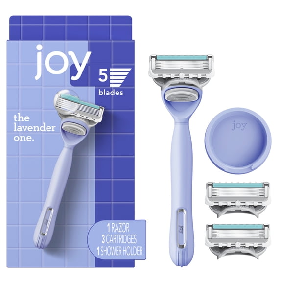 joy lavender razor for women, shave kit with 1 handle   3 razor blade refills, includes shower holder