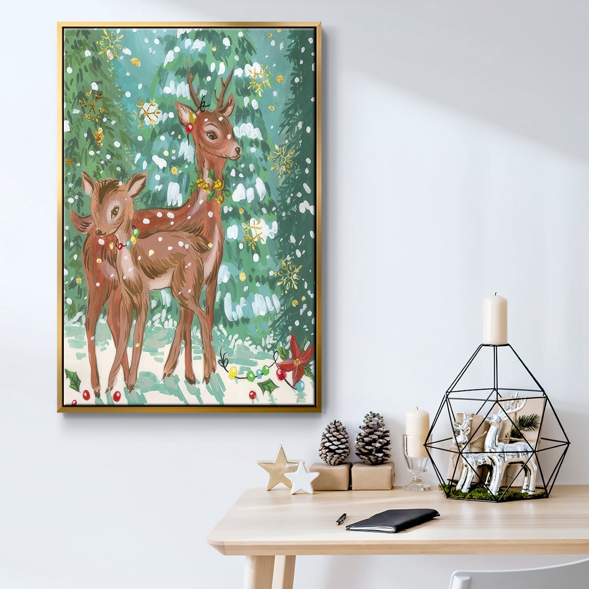 Doe and Fawn II - Framed Gallery Wrapped Holiday Canvas - 27 x 41 - Gold Frame