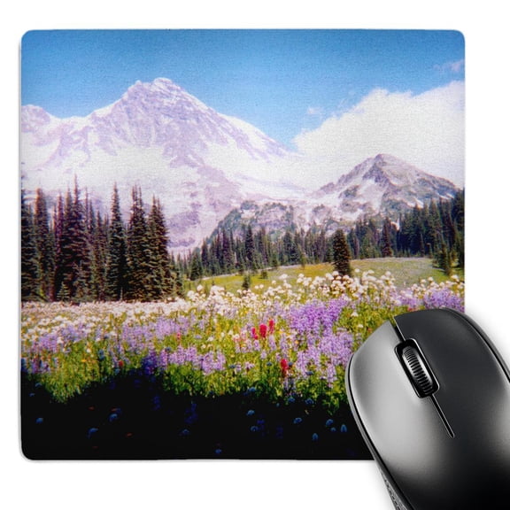 3dRose, Mount Rainier Viewed from a Field of Flowers - Mount Rainier National Park, MousePad