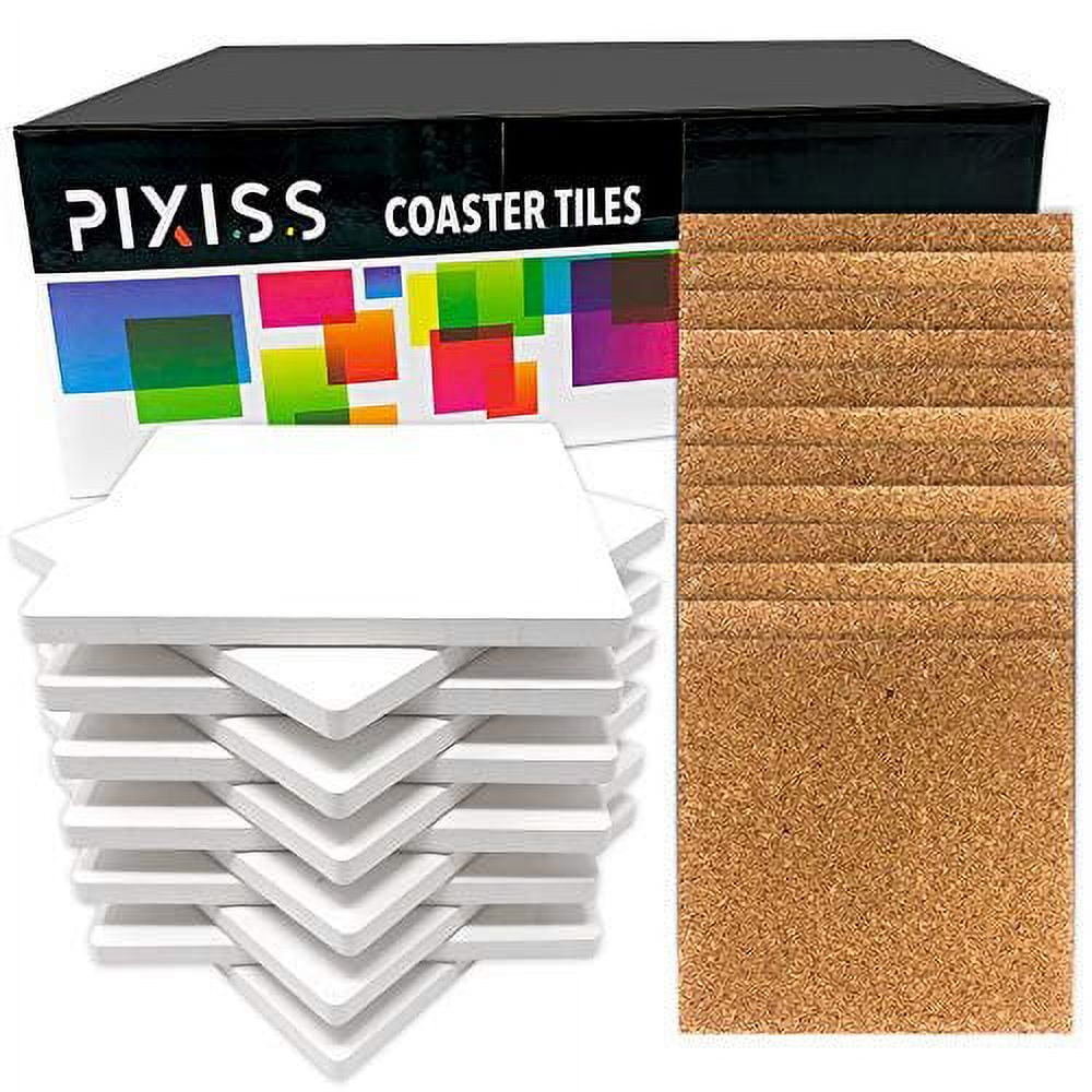 Pixiss Ceramic Tiles for Crafts Coasters,12 Ceramic White Tiles Unglazed  4x4 Squares with Cork Backing Pads, Use with Alcohol Ink or Acrylic  Pouring