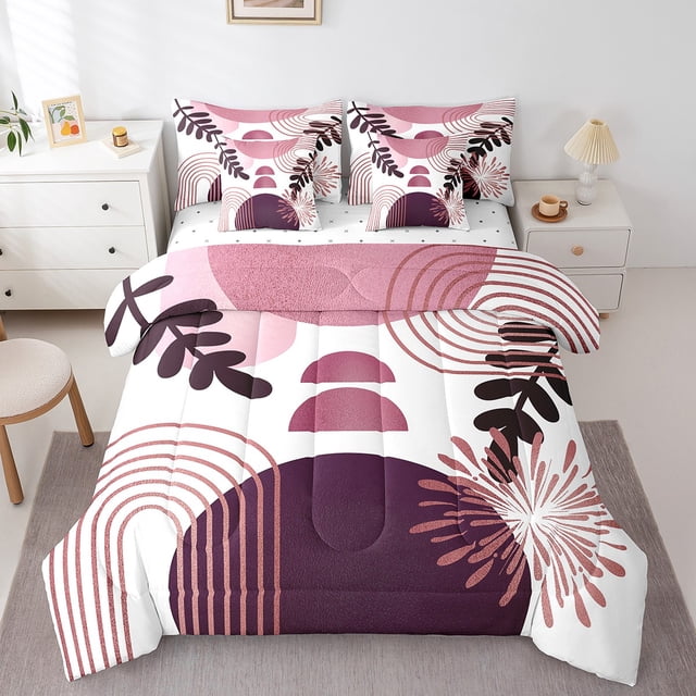 Boho Mid Century 7 Piece Comforter Set Full Bed in a Bag Abstract Geometric Modern Minimalist Bedding Sets,Geometry Line Art Sheet Set Circle Graphic Ombre Stripes Room Decor,Pink Purple