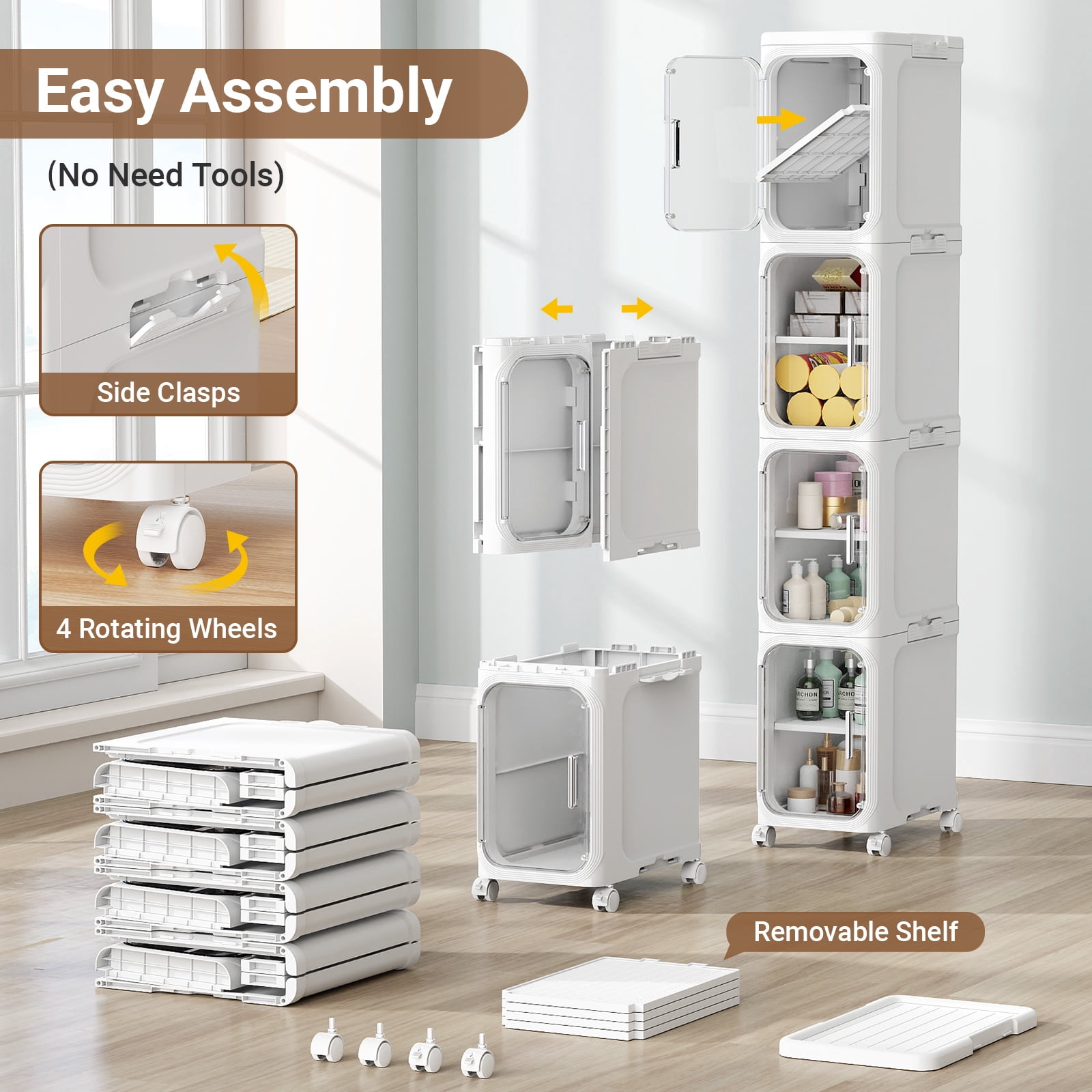 BROVIEW 4-Tier Slim Bathroom Storage Cabinet, Foldable Narrow Bathroom Cabinet Organizer for Small Spaces, Adjustable Fridge & Vanity Gap Storage, Easy Move, White