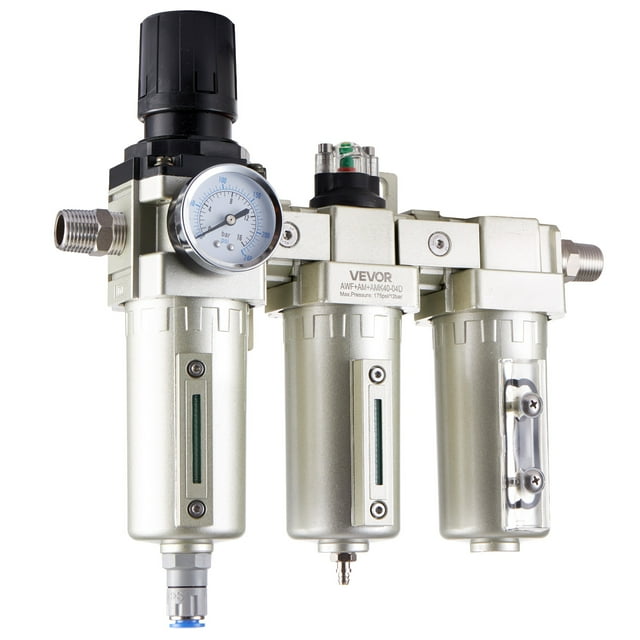 Regulador de filtro para compresor de aire VEVOR, 1/2" NPT, 3 etapas, 5 μm, 0,3 μm y 0,1 μm, sistema de secado de aire con filtros de micras y secador desecante, presión máxima de 175 PSI.