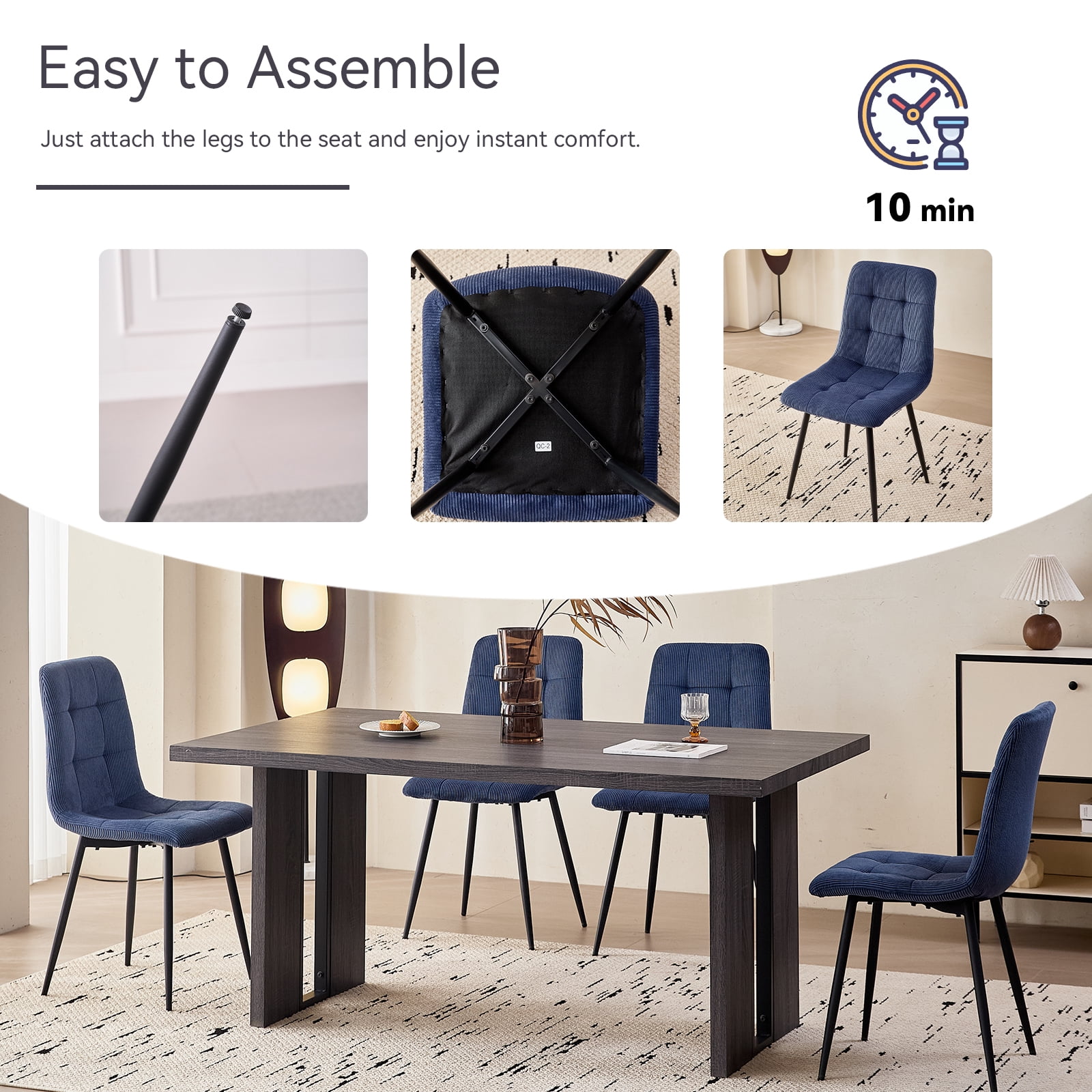 Corduroy Dining Chairs Set of 4, Modern Upholstered Fabric Kitchen Chair for Living Dining Room, Apartment, Blue