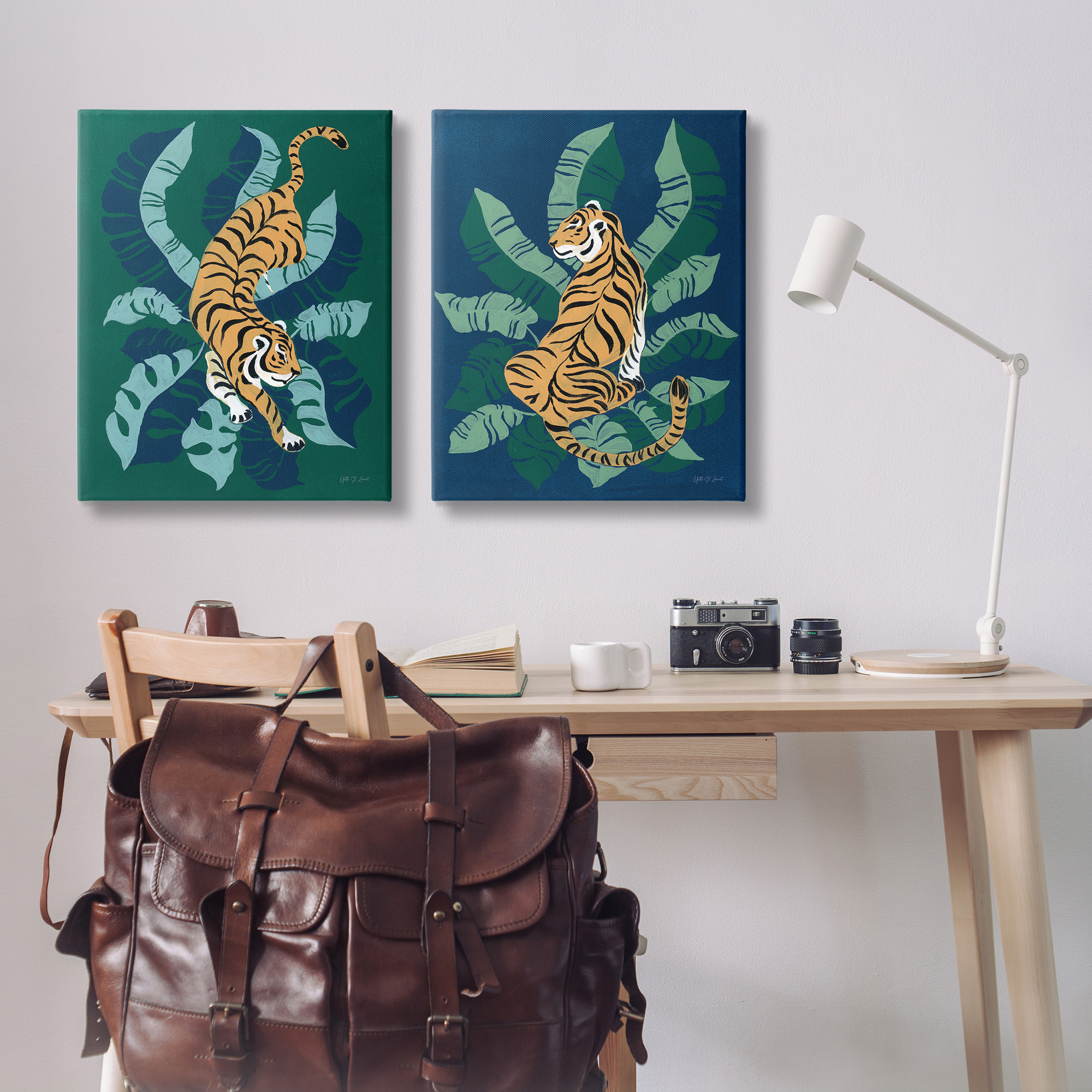 Stupell Industries Prowling Tiger Sitting Tiger Jungle Animals Painting Wrapped Canvas Art Print Wall Art, 24 x 30, Set of 2