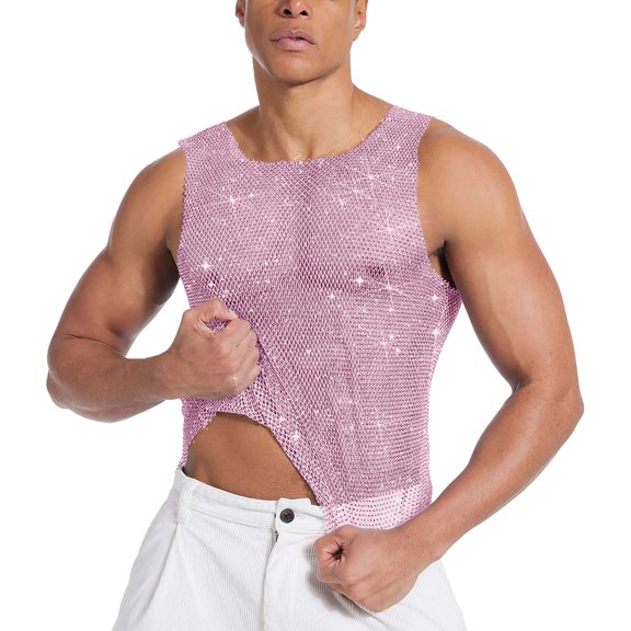 Purcolt Mens Rhinestone Fishnet Mesh Tank Tops Trendy Casual Crewneck Sleeveless Shirts Lightweight Trendy Slim Fit Party Club Vest