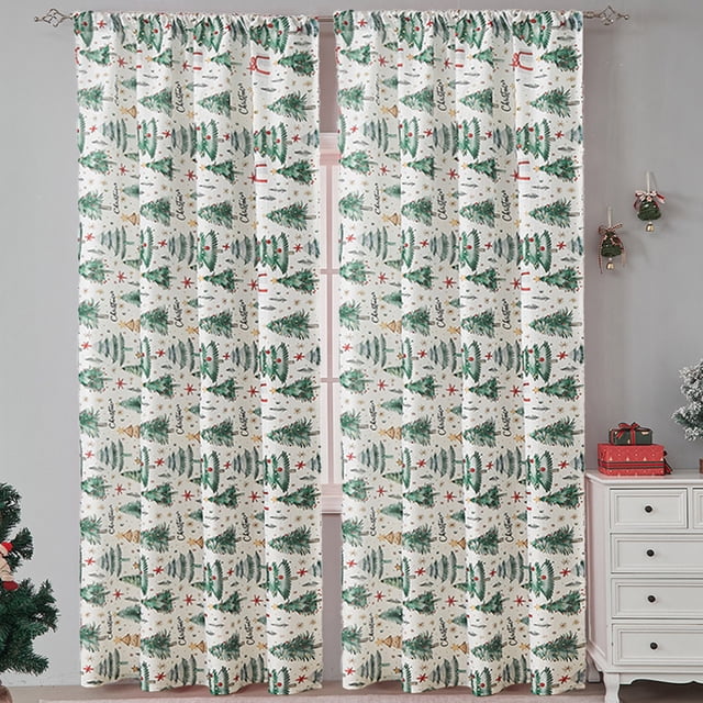 Dvkptbk 1 Pce Rideaux de Sapin de Noël Vert avec Tiges Rideaux de Noël Thème de Noël Imprimé Rideaux Pare-Soleil