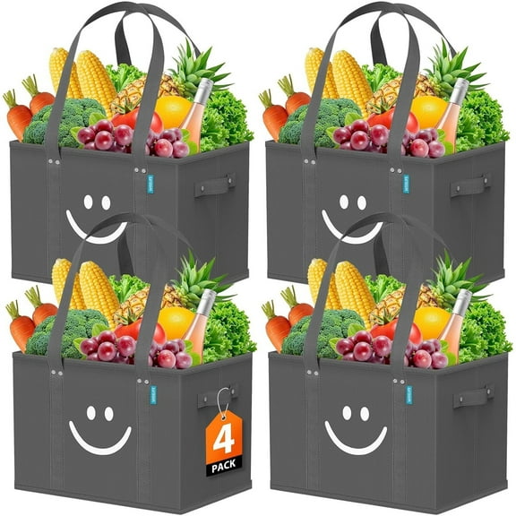 Reusable Grocery Bags 4 Pack - Collapsible Tote Shopping Bags with Sturdy Handles & Bottom to Stands Upright, Grey