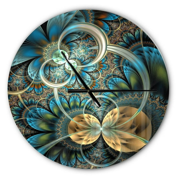 Designart 'Symmetrical Blue Gold Fractal Flower ' Modern wall clock